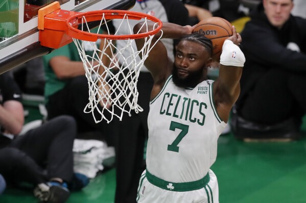 FILE - Boston Celtics' Jaylen Brown (7) dunks the ball against the Golden State Warriors during the second quarter of Game 3 of basketball's NBA Finals, Wednesday, June 8, 2022, in Boston. Celtics wing Jaylen Brown has agreed to terms on a five-year supermax contract extension that will pay him up to $304 million, his agent said on Tuesday, July 25, 2023. (AP Photo/Michael Dwyer)