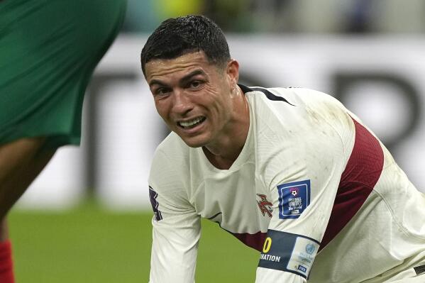 Portugal's Cristiano Ronaldo reacts after missing an opportunity to score during the World Cup quarterfinal soccer match between Morocco and Portugal, at Al Thumama Stadium in Doha, Qatar, Saturday, Dec. 10, 2022. (AP Photo/Martin Meissner)