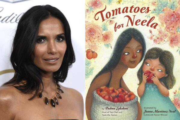 Padma Lakshmi appears at the Producers Guild Awards in Beverly Hills, Calif., on Jan. 19, 2019, left, and  cover art for "Tomatoes for Neela," a children's book written by Lakshmi, with illustrations by Juana Martinez-Neal.  The book mixes the author's memories of cooking with her family with practical food advice, a nod to farmworkers and even a pair of recipes. (AP Photo, left, and ‎ Viking Books for Young Readers via AP)