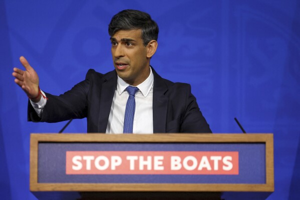 FILE - British Prime Minister Rishi Sunak speaks during a press conference at Downing Street in London, Monday, April 22, 2024. (Toby Melville/Pool Photo via AP, File)