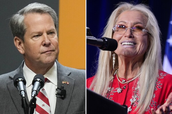 This combination photo shows Gov. Brian Kemp, left, at an event, Jan. 12, 2023, in Atlanta, and Miriam Adelson at an event, Sept. 19 2024, in Washington. (AP Photo)