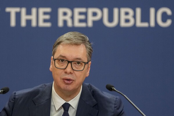 FILE - Serbian President Aleksandar Vucic speaks during a public address in Belgrade, Serbia, Friday, Feb. 2, 2024. Serbia on Sunday Feb. 25, 2024, sent a protest note to Croatia over a statement made by Croatia's foreign minister that Serbia's populist president Aleksandar Vucic is a Russian "satellite" in the Balkans. It was the latest spate between the two neighboring states that have been at odds for most of the time since the bloody breakup of former Yugoslavia in the 1990s. (AP Photo/Darko Vojinovic, File)
