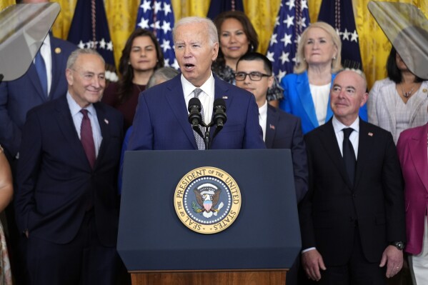 President Joe Biden speaks during an event marking the 12th anniversary of the Deferred Action of Childhood Arrivals program, in the East Room of the White House, Tuesday, June 18, 2024, in Washington. (AP Photo/Evan Vucci)