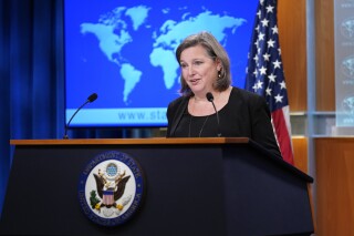 FILE - State Department Under Secretary for Public Affairs Victoria J. Nuland speaks during a briefing at the State Department in Washington, Jan. 27, 2022. Nuland, the third-highest ranking U.S. diplomat and frequent target of criticism for her hawkish views on Russia and its actions in Ukraine, will leave her post this month, the State Department said Tuesday. (AP Photo/Susan Walsh, Pool, File)