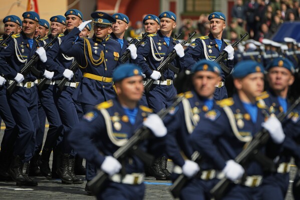 Russian servicemen march along Red Square during the Victory Day military parade in Moscow, Russia, Friday, May 9, 2025, during celebrations of the 80th anniversary of the Soviet Union's victory over Nazi Germany during the World War II. (AP Photo/Pavel Bednyakov, Pool)