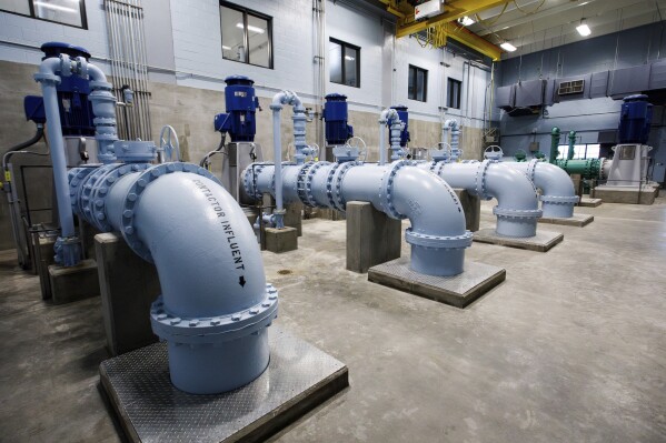 Pumps work inside the Sweeney Water Treatment Plant in Wilmington, N.C., Monday, April 28, 2025. (AP Photo/Ben McKeown)
