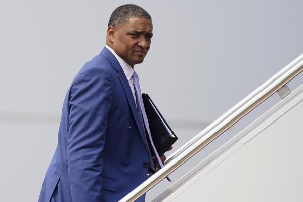 FILE - White House adviser Cedric Richmond board board Air Force One at Andrews Air Force Base, Md., July 21, 2021, to travel to Cincinnati with President Joe Biden. Richmond, one of Biden's closest aides is leaving the White House to take on a role as senior adviser to the Democratic National Committee.(AP Photo/Andrew Harnik, File)