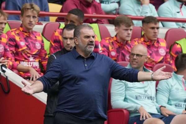 Tottenham's head coach Ange Postecoglou reacts during an English Premier League soccer match between Brentford and Tottenham Hotspur at the Community Stadium in London, Sunday, Aug. 13, 2023. (AP Photo/Frank Augstein)