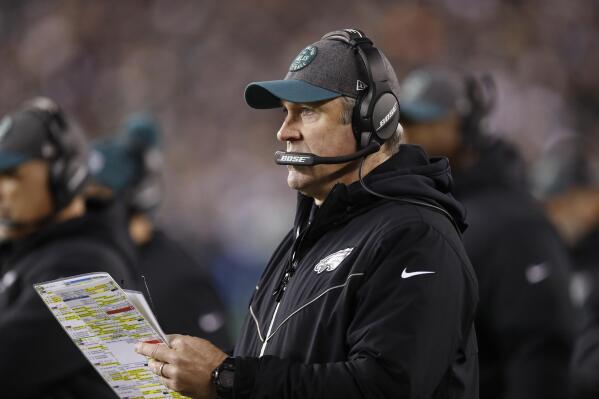 FILE - Philadelphia Eagles coach Doug Pederson watches from the sideline during the first half of the team's NFL wild-card playoff football game against the Seattle Seahawks on Jan. 5, 2020, in Philadelphia. The Jacksonville Jaguars are hiring Pederson as their coach, ending a wild and winding search that ended up where it started more than a month ago. A formal announcement is planned for Friday, Feb. 4, according to a person familiar with the search. The person spoke on condition of anonymity because a contract has not been signed. (AP Photo/Julio Cortez, File)