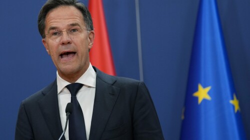 FILE - Netherlands Prime Minister Mark Rutte speaks during a press conference at the Palace of Serbia in Belgrade, Serbia, July 3, 2023. Rutte, the oldest Dutch prime minister, said on Monday, July 10 2023 who will leave politics after a general election caused by the resignation of his government.  (AP Photo/Darko Vojinovic, File)