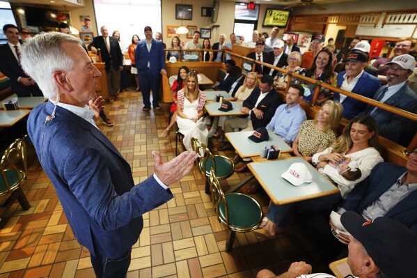 U.S. Sen. Tommy Tuberville, R-Ala., speaks to supporters about plans to run for the governor of Alabama in 2026, Tuesday May 27, 2025 at Byron's Smokehouse in Auburn, Ala. (AP Photo/ John David Mercer)
