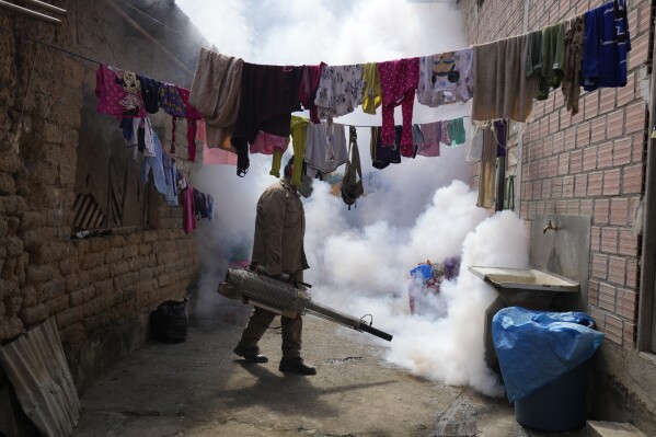 FILE - A health worker fumigates a home for mosquitos to help mitigate the spread of dengue in Caranavi, Bolivia, on March 2, 2023. The U.N. health agency on Friday Dec. 22, 2023 said it has tallied a tenfold increase in the global count of reported cases of dengue over the last generation, with climate change and the growing spread of virus-carrying mosquitos in part to blame for transmission that remains mostly prevalent in the Americas. (AP Photo/Juan Karita, File)