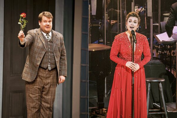 This combination photo shows James Corden during his National Theatre performance of "One Man Two Guvnors," left, and Lea Salonga performing with the Sydney Symphony Orchestra in Australia in 2019. Both Tony-winning artists are having their career milestones revisited on TVs and mobile devices as part of PBS’ fourth annual “Broadway’s Best” lineup for November. Corden’s deliriously funny “One Man, Two Guvnors” airs Nov. 6 and Salonga's Sydney Opera House performance airs on Nov. 27. (Johan Persson/The National Theatre, left, and Robert Catto/Sydney Symphony Orchestra/PBS via AP)
