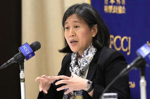 U.S. Trade Representative Katherine Tai speaks at a press conference at the Foreign Correspondents' Club of Japan Thursday, April 20, 2023, in Tokyo. Washington is not seeking to decouple the American economy from China’s, Tai said Thursday while on a visit to Tokyo. (AP Photo/Shuji Kajiyama)