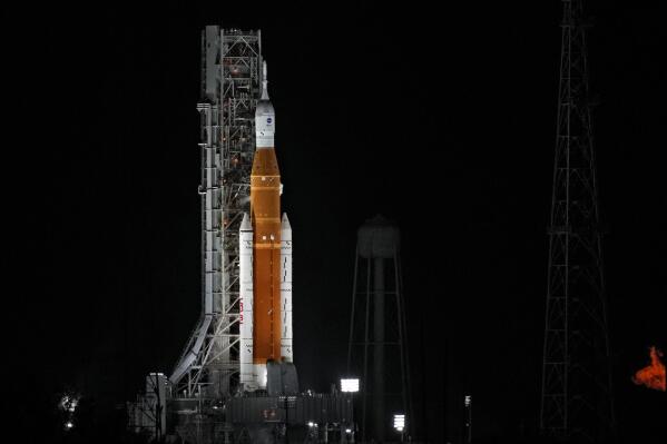 NASA's new moon rocket sits on Kennedy Space Center's Launch Pad 39-B Tuesday, Nov. 15, 2022, hours before a planned liftoff in Cape Canaveral, Fla. (AP Photo/Chris O'Meara)