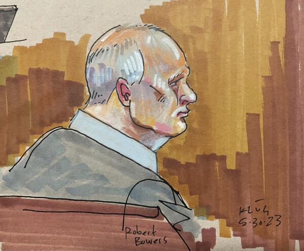 In this courtroom sketch, Robert Bowers, the suspect in the 2018 synagogue massacre, sits in court Tuesday, May 30, 2023, in Pittsburgh. Bowers could face the death penalty if convicted of some of the 63 counts he faces in the shootings, which claimed the lives of worshippers from three congregations who were sharing the building, Dor Hadash, New Light and Tree of Life. (David Klug via AP)