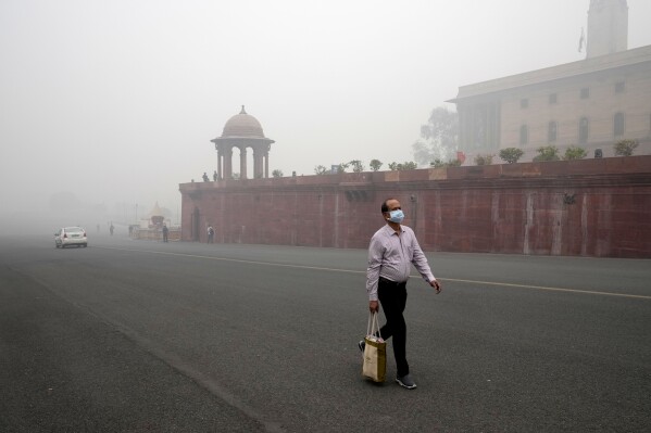 A pedestrian wears a face mask amidst a thick layer of smog in New Delhi, India, Nov. 18, 2024. (AP Photo/Manish Swarup, File)