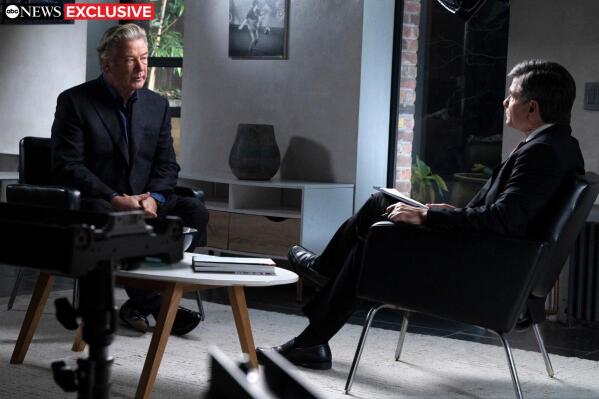 This image released by ABC News shows actor-producer Alec Baldwin, left, during an interview with “Good Morning America” co-anchor George Stephanopoulos. The hour-long interview about the fatal shooting on the set of Baldwin's film “Rust,” will air Thursday, Dec. 2 at 9 p.m. EST on ABC. (Jeffrey Neira/ABC News via AP)