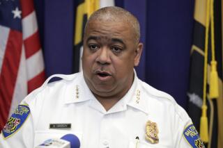 FILE - Baltimore Police Commissioner Michael Harrison speaks during a news conference, July 23, 2019, in Baltimore. As the Baltimore Police Department continues working toward compliance with a federal consent decree implemented in 2017 to address a pattern of unconstitutional policing practices, agency leaders are hoping to prove that crime reduction and police reform are not mutually exclusive. During a quarterly review hearing Thursday, April 13, 2023, in federal court, a judge praised the agency’s progress. (AP Photo/Julio Cortez, File)