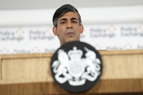 British Prime Minister Rishi Sunak delivers a speech on national security at the Policy Exchange, in London, Monday May 13, 2024. (Carl Court/Pool via AP)