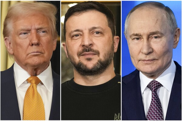 In this combination of file photos, President Donald Trump, left, and Ukraine's President Volodymyr Zelenskyy, center, are seen at the Elysee Palace, Dec. 7, 2024 in Paris, and President Vladimir Putin, right, addresses a Technology Forum in Moscow, Feb. 21, 2025. (AP Photo/Aurelien Morissard, left and center, Pavel Bednyakov, right, File)