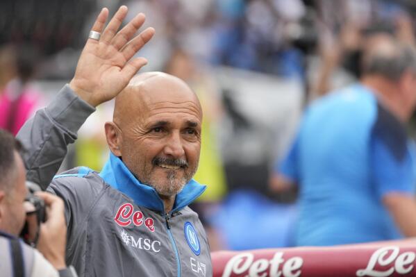 Napoli's head coach Luciano Spalletti wave to fans prior to the start of the Serie A soccer match between Napoli and Sampdoria at the Diego Maradona Stadium, in Naples, Sunday, June 4, 2023. (AP Photo/Andrew Medichini)