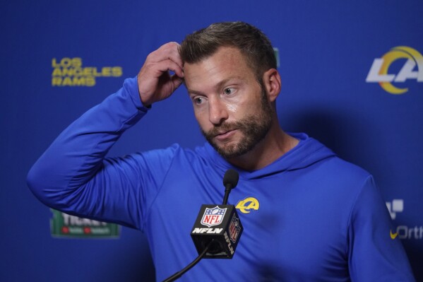 Los Angeles Rams head coach Sean McVay speaks during a news conference following an NFL football game against the Cincinnati Bengals Monday, Sept. 25, 2023, in Cincinnati. The Bengals won 19-16. (AP Photo/Darron Cummings)