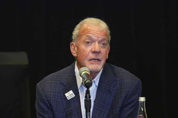 FILE - Indianapolis Colts NFL football team owner Jim Irsay speaks during a press conference, March 30, 2023, in Miami. Irsay told HBO Sports his arrest for operating a vehicle while intoxicated nearly a decade ago occurred because of police prejudice against “a rich, white billionaire. He made the comments in an interview aired Tuesday, Nov.22, 2023, by the network. (Alie Skowronski/Miami Herald via AP, File )