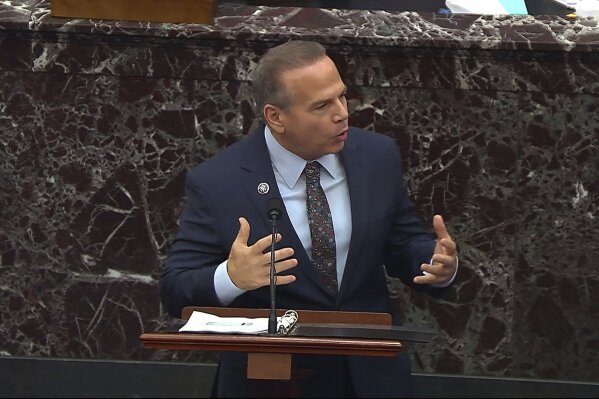 In this image from video, House impeachment manager Rep. David Cicilline, D-R.I., speaks during the second impeachment trial of former President Donald Trump in the Senate at the U.S. Capitol in Washington, Thursday, Feb. 11, 2021. (Senate Television via AP)
