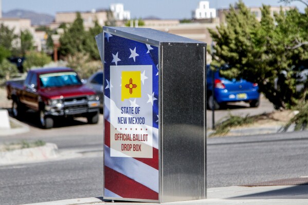 FILE - A ballot drop box awaits deposits at an early voting center in Santa Fe, N.M., on June 1, 2022. New Mexico voters will be among the last to cast ballots for presidential nominees when the state holds its presidential and state primaries on June 4, 2024. (AP Photo/Morgan Lee, File)