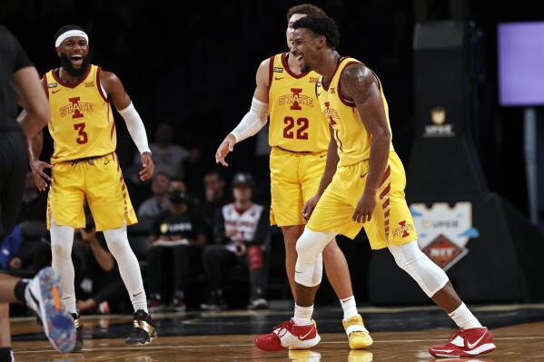 Iowa State's Izaiah Brockington reacts after making a 3-point basket against Xavier during the second half of an NCAA college basketball game in the NIT Season Tip-Off tournament Wednesday, Nov. 24, 2021, in New York. (AP Photo/Adam Hunger)
