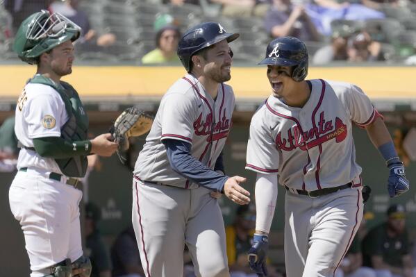 Atlanta Braves' Vaughn Grissom hits a two run home run against Oakland  Athletics during the fifth inning of a baseball game in Oakland, Calif.,  Wednesday, Sept. 7, 2022. (AP Photo/Tony Avelar Stock