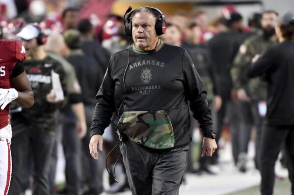 Arkansas coach Sam Pittman looks on from the sideline during the second half of an NCAA college football game against Mississippi State, Saturday, Nov. 6, 2021, in Fayetteville, Ark. (AP Photo/Michael Woods)
