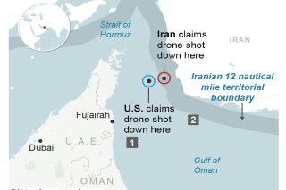 Graphic pinpoints the drone shooting locations provided by the U.S. and Iran and shows how they are conflicting in location;