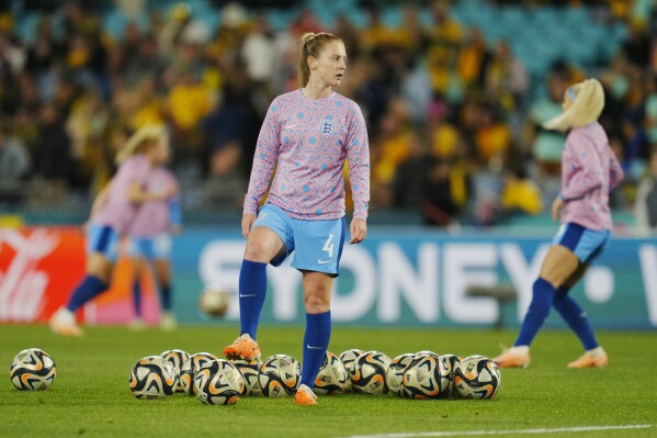 England's Keira Walsh warms up before the Women's World Cup semifinal soccer match between Australia and England at Stadium Australia in Sydney, Australia, Wednesday, Aug. 16, 2023. (AP Photo/Abbie Parr)