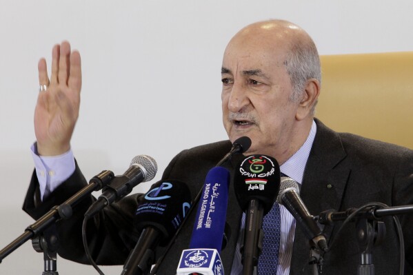 FILE - Algerian President Abdelmadjid Tebboune gestures during a press conference in Algiers, Friday, Dec. 13, 2019. Algerian President Abdelmadjid Tebboune is starting Tuesday June 14, 2023 a three-day state visit to Russia meant to strengthen relations of "friendship and cooperation" at the invitation of Vladimir Putin, according to a statement from Algerian authorities. (AP Photo/Fateh Guidoum, file)