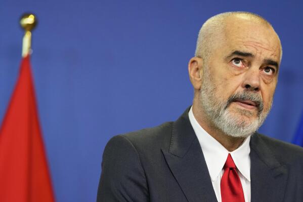 FILE - Albanian Prime Minister Edi Rama pauses before speaking as he addresses a media conference at EU headquarters in Brussels, Tuesday, July 19, 2022. Albania cut diplomatic ties with Iran and expelled the country's embassy staff over a major cyberattack nearly two months ago that was allegedly carried out by Tehran on Albanian government websites, Prime Minister Rama said Wednesday, Sept. 7, 2022. (AP Photo/Virginia Mayo, File)