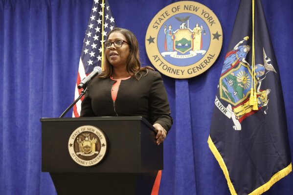 New York State Attorney General Letitia James announces that the state is suing the National Rifle Association during a press conference, Thursday, Aug. 6, 2020, in New York. James said that the state is seeking to put the powerful gun advocacy organization out of business over allegations that high-ranking executives diverted millions of dollars for lavish personal trips, no-show contracts for associates and other questionable expenditures. (AP Photo/Kathy Willens)