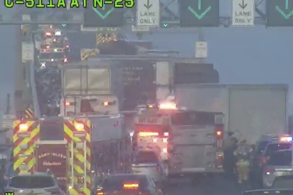 This image provided by the Maryland Transportation Authority shows a multi-vehicle crash on US-50 Bay Bridge in Maryland, on Saturday, Jan. 27, 2024. The Maryland Transportation Authority said Saturday on social media that the crash on the westbound lanes has closed the bridge. No injuries have been reported. (Maryland Transportation Authority via AP)