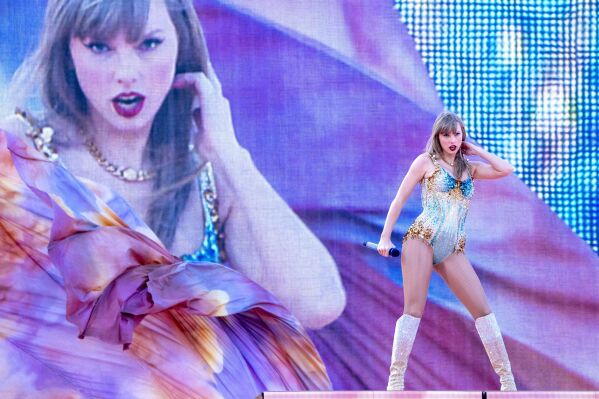 Singer Taylor Swift performs on stage during her Eras Tour at the Murrayfield Stadium in Edinburgh, Friday June 7, 2024. (Jane Barlow/PA via AP)
