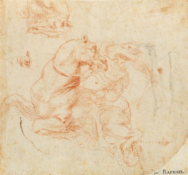 Raffaello Santi, called Raffael (Urbino 1483 - 1520 Rome) Study for the Battle of the Milvian Bridge: a rider and head and eye of a horse, red chalk and pen on paper, 22 x 24 cm Auction October 25, 2023, Dorotheum Vienna / More information via ots and www.presseportal.de/en/nr/58393 / The use of this image for editorial purposes is permitted and free of charge provided that all conditions of use are complied with. Publication must include image credits.