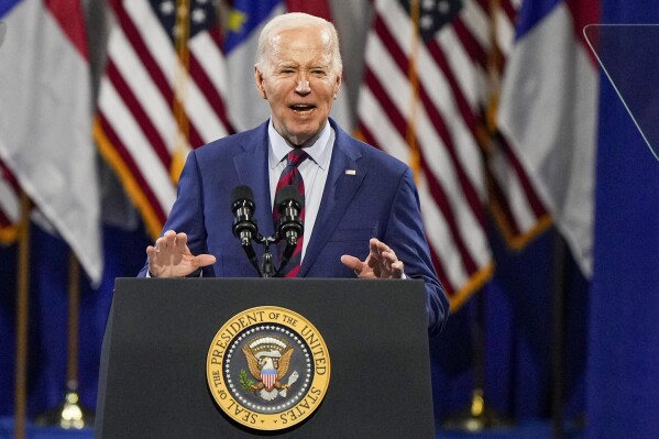 FILE - President Joe Biden speaks, May 2, 2024, in Wilmington, N.C. In recent appearances around the country, Biden has been betting that reminding voters about Donald Trump's presidency and highlighting his Republican opponent's latest campaign statements will work to the Democratic president's advantage. He wants the 2024 election to be a referendum on Trump's record and plans, but he also wants voters to look favorably on his own policies and actions. (Ǻ Photo/David Yeazell, File)