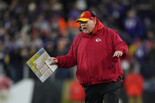 FILE - Kansas City Chiefs' Andy Reid reacts during the AFC Championship NFL football game, Sunday, Jan. 28, 2024, in Baltimore. (AP Photo/Matt Slocum, File)