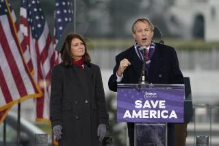 FILE - In this Jan. 6, 2021 file photo, Texas Attorney General Ken Paxton speaks at a rally in support of President Donald Trump called the "Save America Rally" in Washington. Lawyers for Texas' embattled attorney general have asked the state bar association to drop its investigation into whether the Republican's failed efforts to overturn the 2020 presidential election amounted to professional misconduct, arguing the probe is an unconstitutional overreach. (AP Photo/Jacquelyn Martin File)