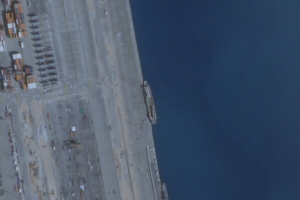 This satellite image provided by Planet Labs shows the abandoned cargo ship Al-Maha, at the seaport of Jeddah, Saudi Arabia, on March 5, 2024. (Planet Labs via AP)