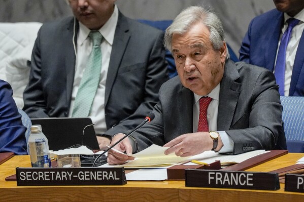 FILE - United Nations Secretary-General António Guterres speaks on Tuesday, Jan. 23, 2024, at United Nations Headquarters. The United Nations chief on Thursday, Feb. 8, urged the international community to mobilize and do everything possible to stop the war in Sudan, saying “what is happening is horrible.” Guterres said there is no military solution to the conflict between forces supporting rival generals that began in mid-April 2023. (AP Photo/Peter K. Afriyie, File)