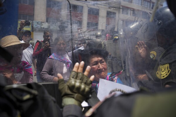 An anti-government protester confronts a cordon of police officers during a demonstration on the sidelines of the Asia-Pacific Economic Cooperation (APEC) summit in Lima, Peru, Friday, Nov. 15, 2024. (AP Photo/Guadalupe Pardo)