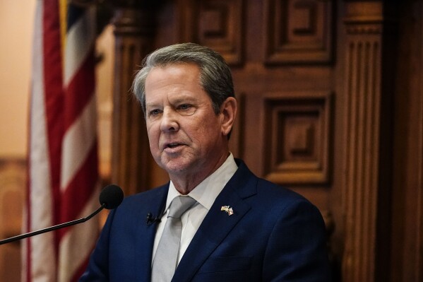 FILE - Georgia Gov. Brian Kemp delivers the State of the State speech, Jan. 11, 2024, in Atlanta. Kemp on Tuesday, April 30, signed a bill into law limiting the ability of some Chinese citizens to buy land in the state. (AP Photo/Brynn Anderson, File)