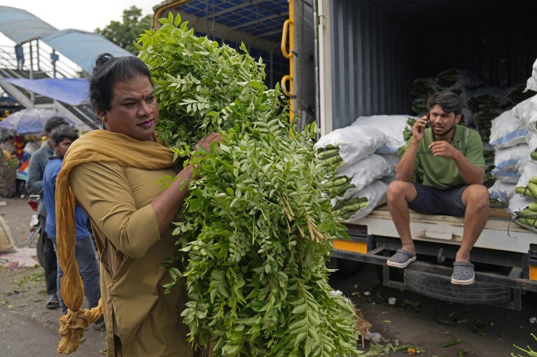 Preethi, a 38-year-old transgender woman who uses only her first name, carries a bunch of vegetables for her customer who hired her electric auto rickshaw for a ride in Bengaluru, India, Monday, July 10, 2023. (AP Photo/Aijaz Rahi)