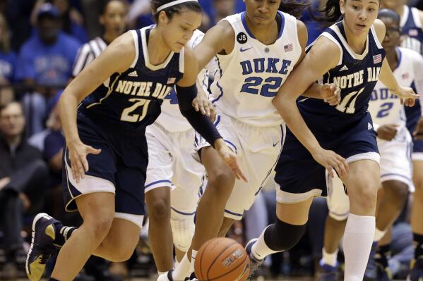 Notre Dame's Kayla McBride (21) and Natalie Achonwa (11) chase the ball with Duke's Oderah Chidom (22) during the first half of an NCAA college basketball game in Durham, N.C., Sunday, Feb. 2, 2014. Notre Dame won 88-67. (AP Photo/Gerry Broome)